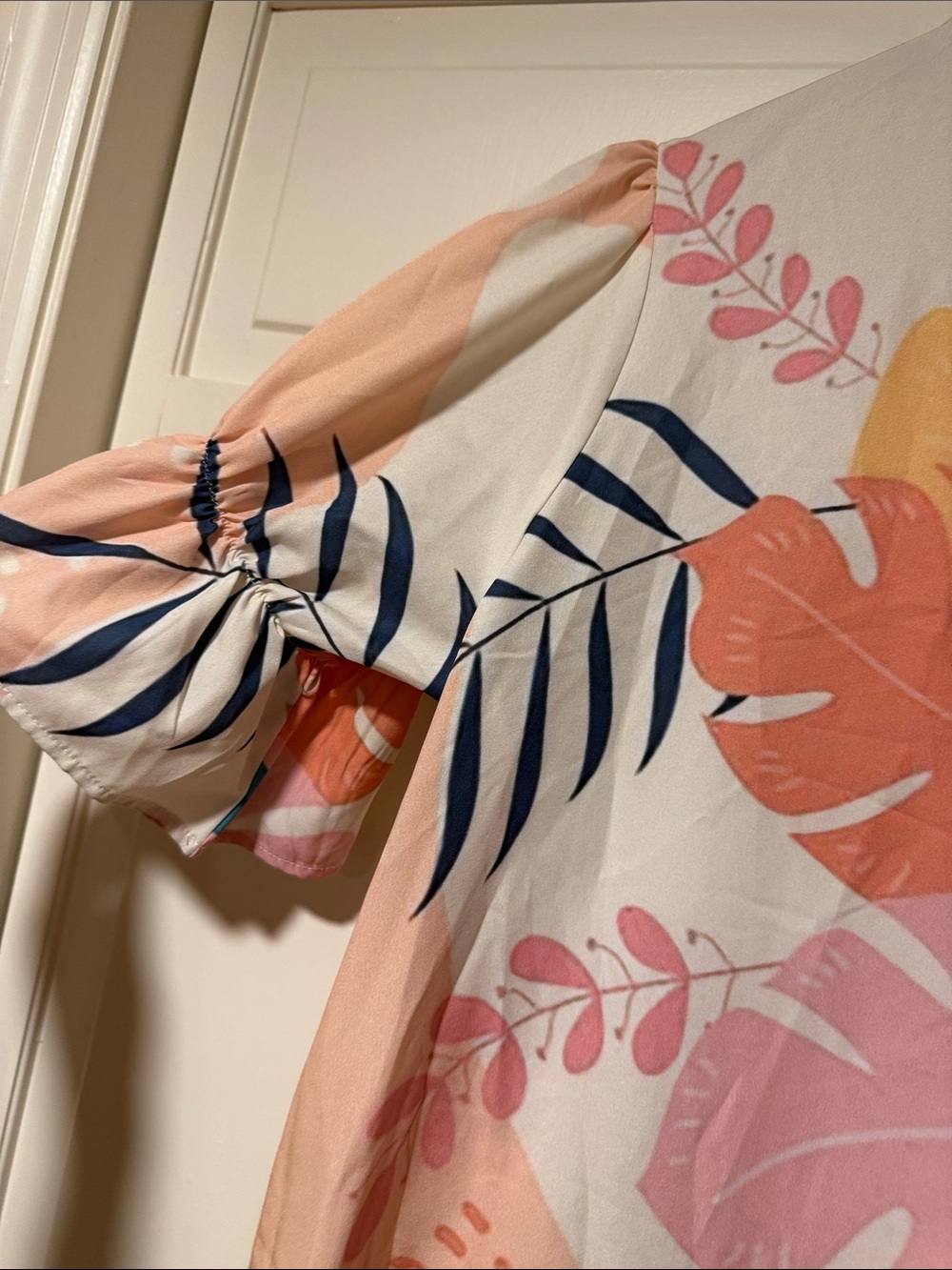 Colorful Tropical Short Sleeve Shift Midi Deep V Neck Dress-Teal & Coral Accents - Picture 9 of 9